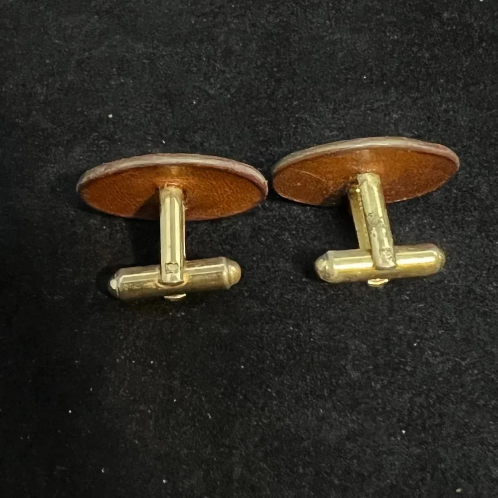 Vintage Buxton Oval Gold Tone Brown Faux Leather Cufflinks (2852)